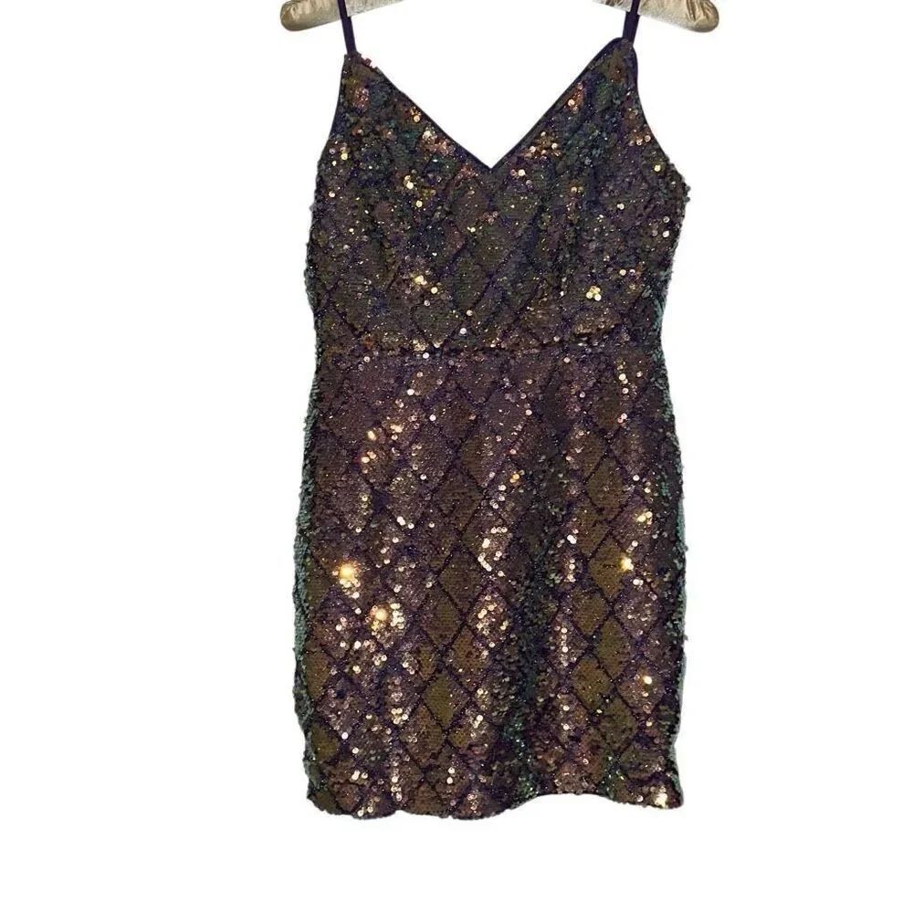 Faeriesty Purple Spaghetti Strap Sequin Bodycon Party Mini Dress Ladies Small